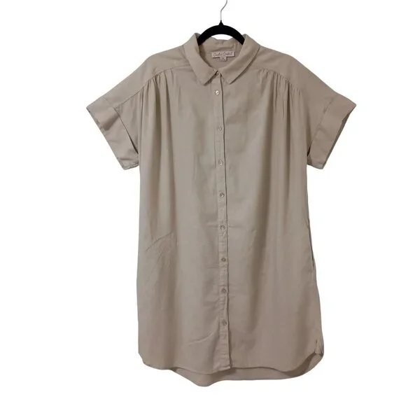 Coastal Comfort Shirt Dress Linen Blend Button-Up With Pockets Size M Beige - Picture 2 of 11
